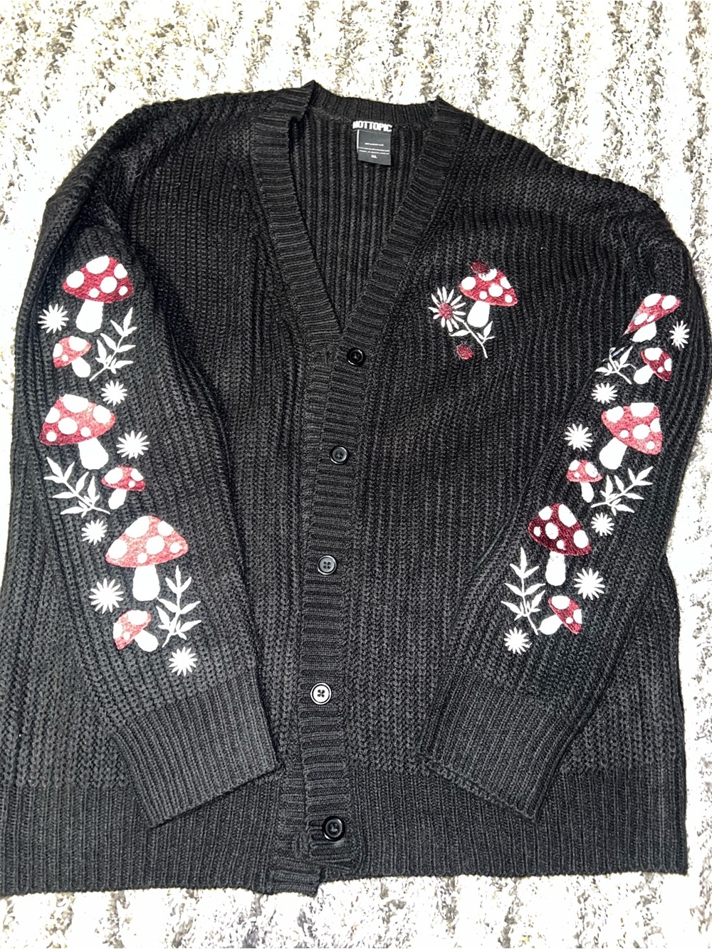 Hot Topic Black Cardigan with Red & White Mushroom Embroidery - Picture 4 of 6